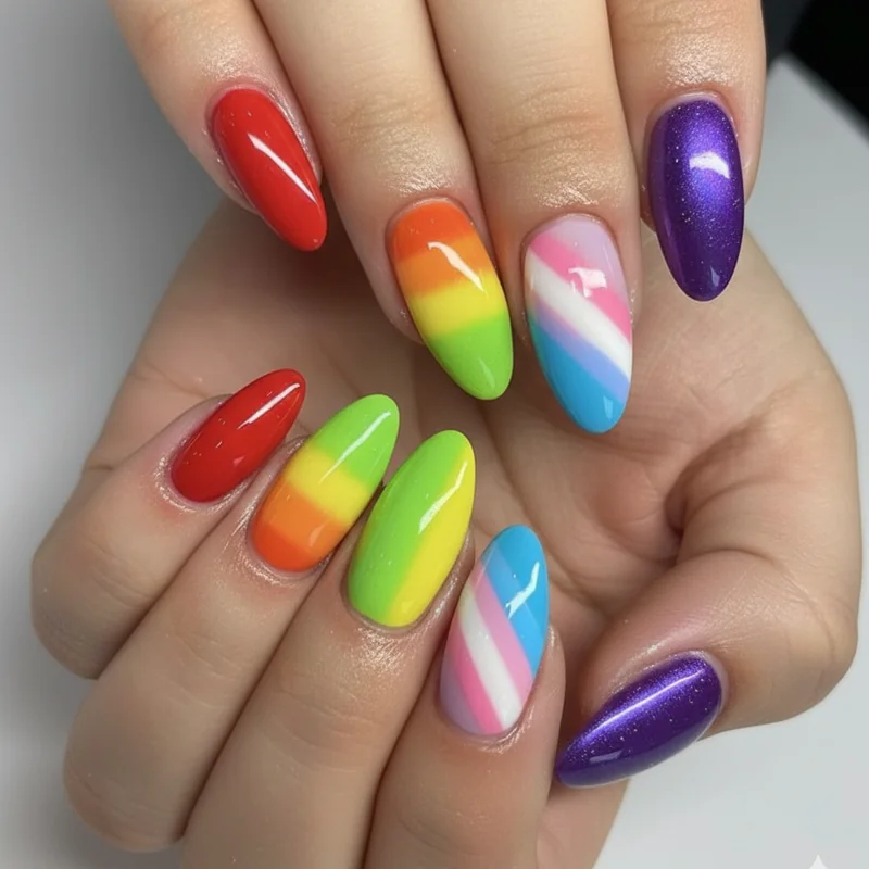 Nail maximalism trend 2026 showing bold expressive colour combinations and dimensional texture replacing minimalist aesthetics for pride season