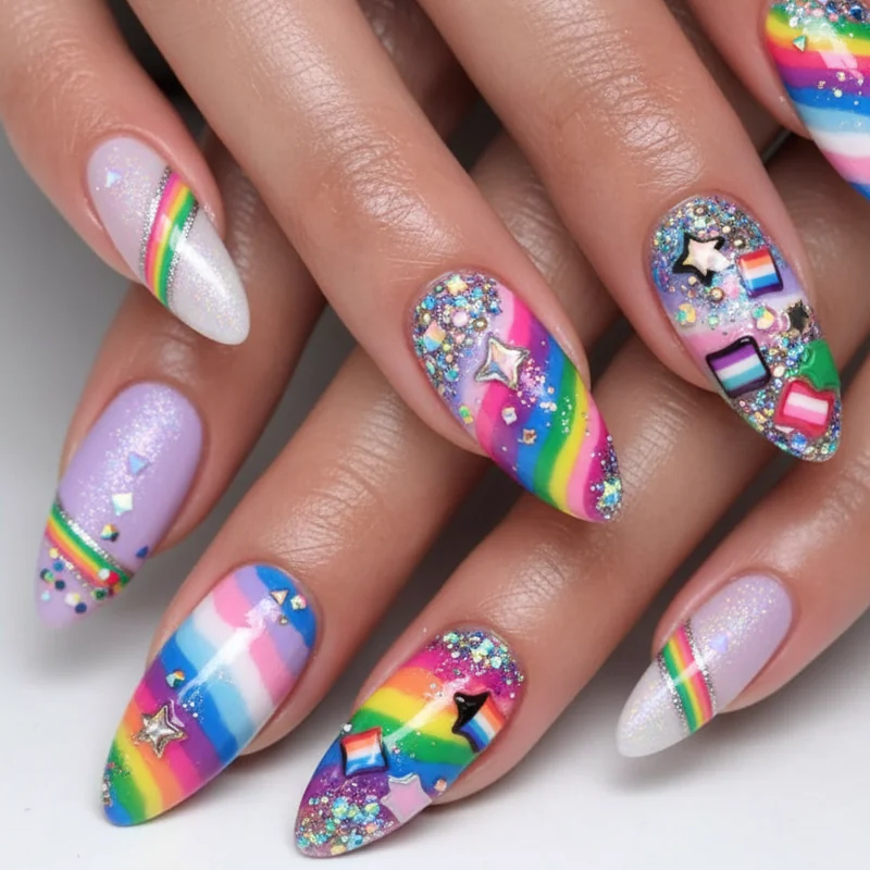 Quiet pride nails versus full parade maximalist comparison showing subtle single flag colour jelly finish beside bold holographic rainbow set 2026