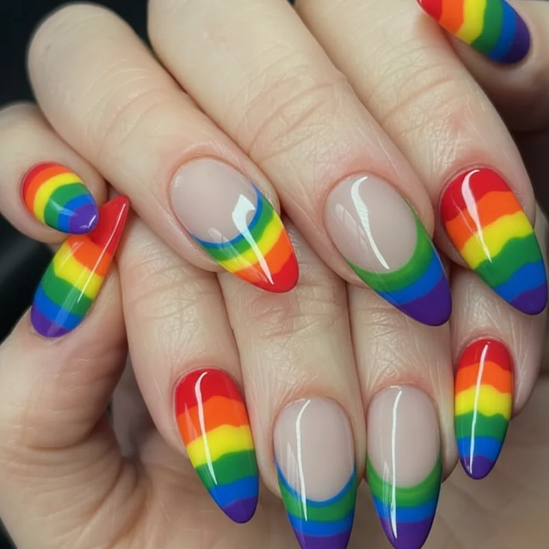 Almond nail shape geometry showing the curved smile line and tapered tip that creates an ideal canvas for pride nail art and rainbow designs