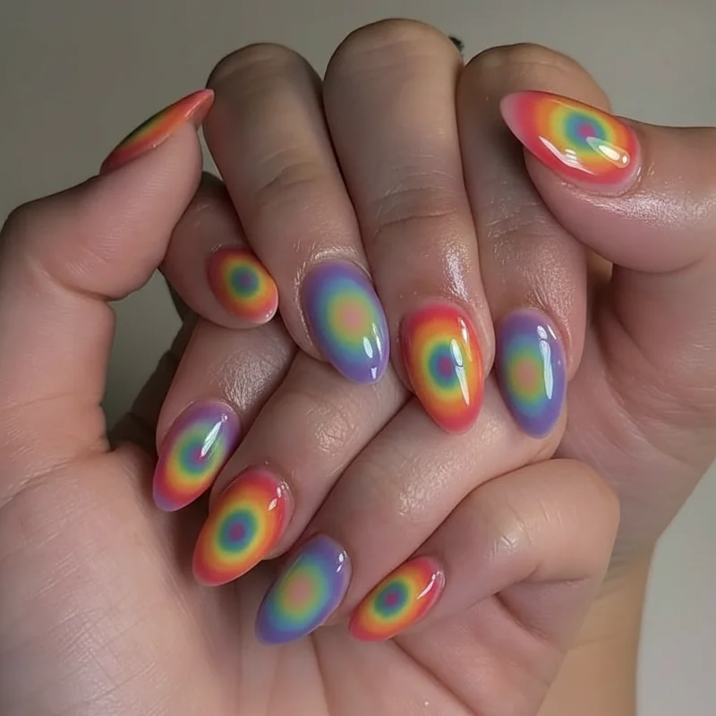 Aura nails almond pride 2026 technique showing blooming gel rainbow halo effect on translucent milky base with diffused saturated centre glow
