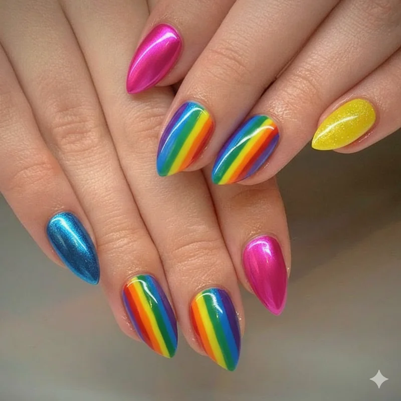Bold parade almond pride nails showing a skittle set with rainbow ombre and holographic chrome accent nail in long gel finish for June celebrations