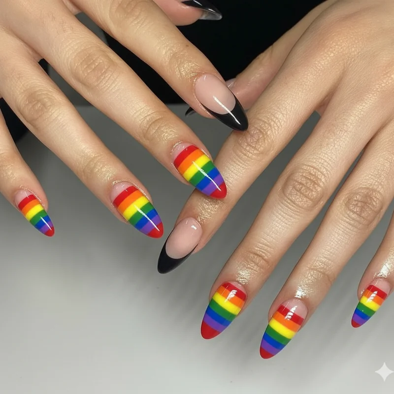 DIY almond pride nails at home showing skittle set and rainbow French tips using striping tape and gel polish for a clean beginner friendly result