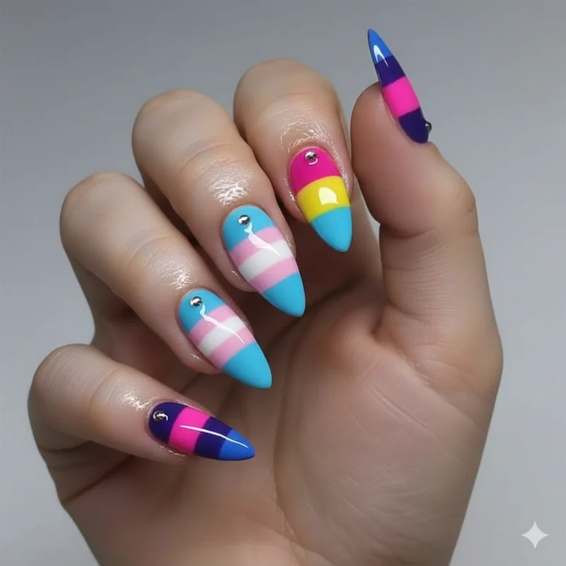 Identity flag almond nails showing bisexual trans pansexual and nonbinary flag colour palettes in skittle and ombre format on tapered gel nails