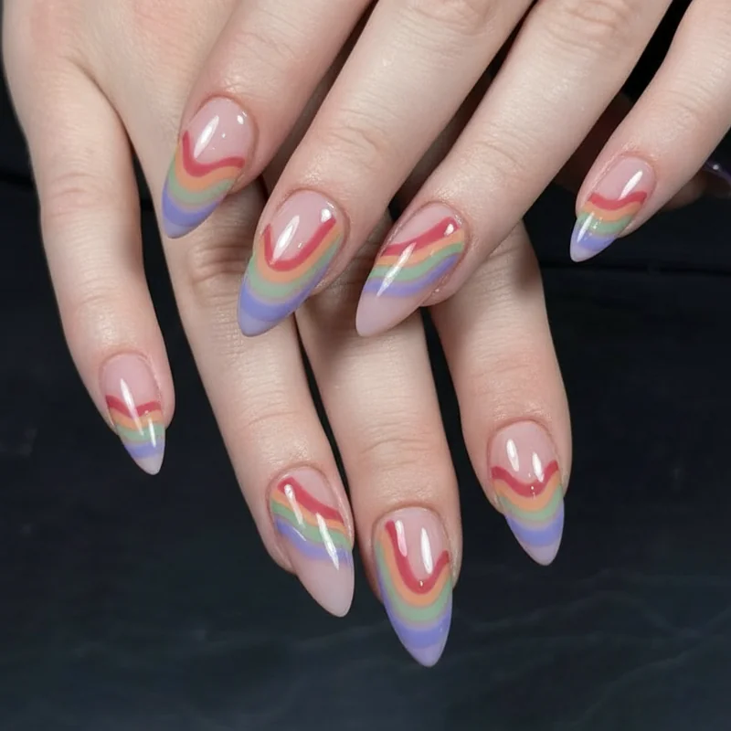 Natural almond nails with BIAB gel overlay ready for pride nail art showing short to medium length strong chip resistant base before design application