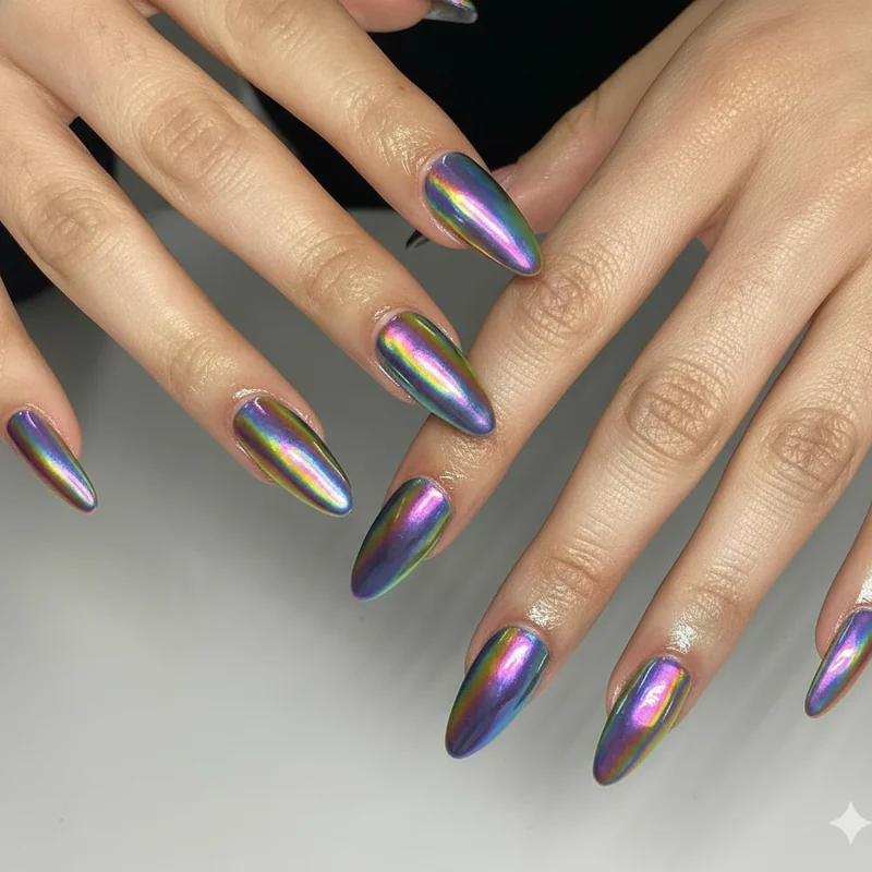 Pride nails almond 2026 full set showing rainbow chrome and aura nail designs alongside identity flag options for June pride season inspiration