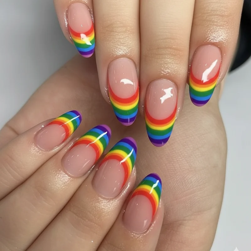 Rainbow French tip almond nails with six stripe curved smile line on a sheer nude base showing the natural arc of the almond shape in high gloss
