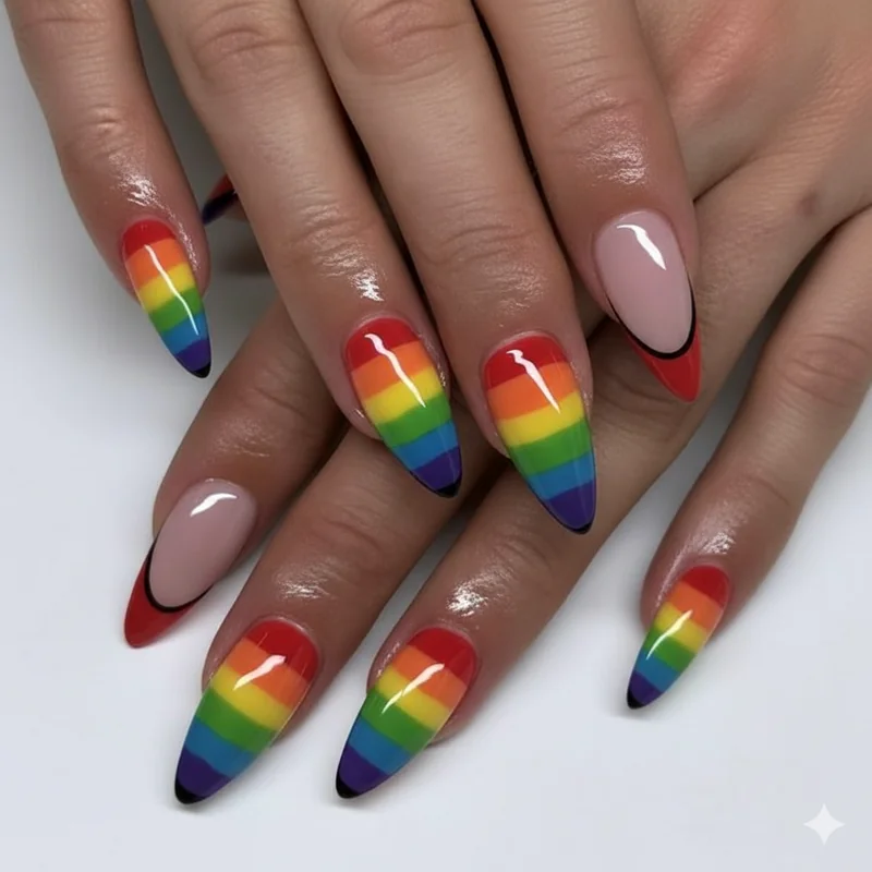 Short almond pride nails showing a skittle set and rainbow micro French tip on natural nail length with gel overlay in a clean high gloss finish