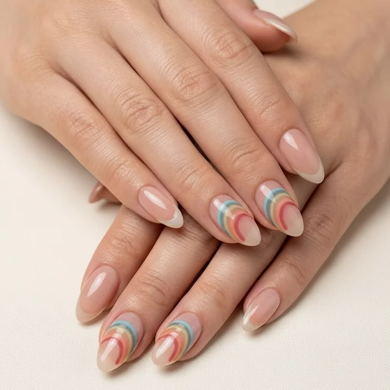 Subtle almond pride nails for everyday June wear showing jelly base negative space rainbow arcs and micro French tip in office friendly finish