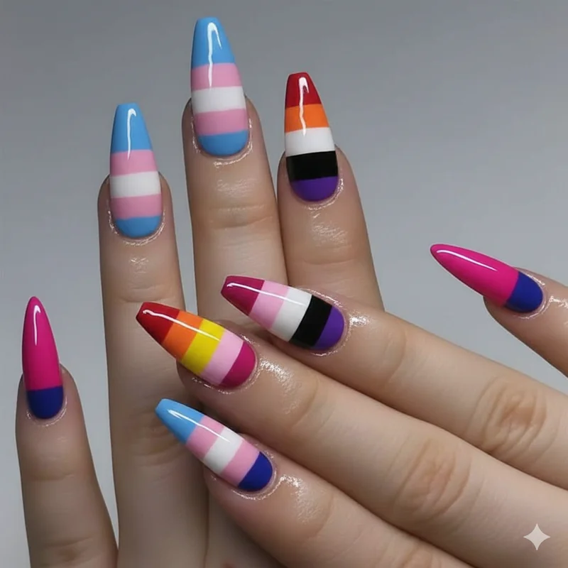 Bi trans lesbian and nonbinary flag coffin nail designs showing identity-specific pride colour palettes across long and medium coffin shapes