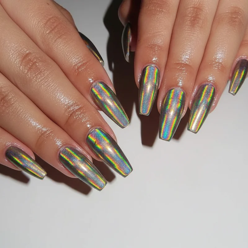 Chrome metallic pride coffin nails showing holographic rainbow reflection across flat coffin tip surface with colour-shifting powder finish