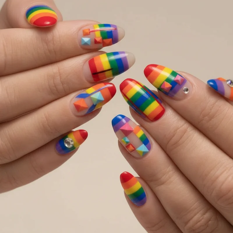 Graphic and abstract coffin pride nails in 2026 showing airbrush colour wash negative space geometric and 3D rhinestone designs on coffin tips