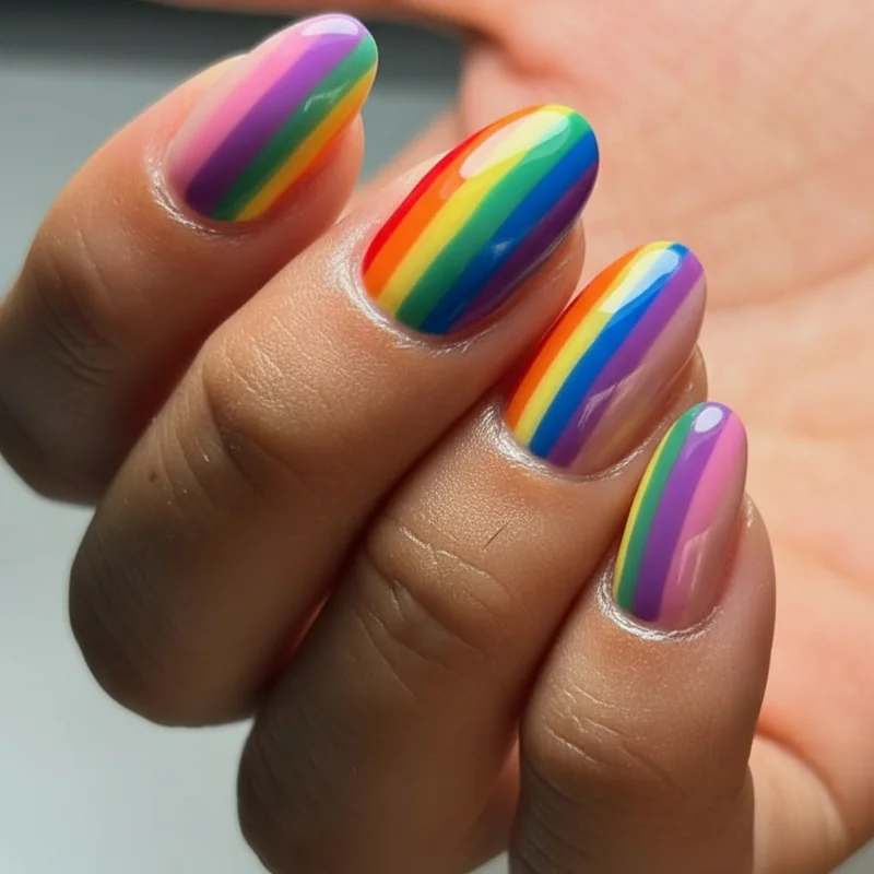 Matte coffin pride nails showing bold saturated rainbow and bi flag colours with matte topcoat finish on long coffin shaped tips