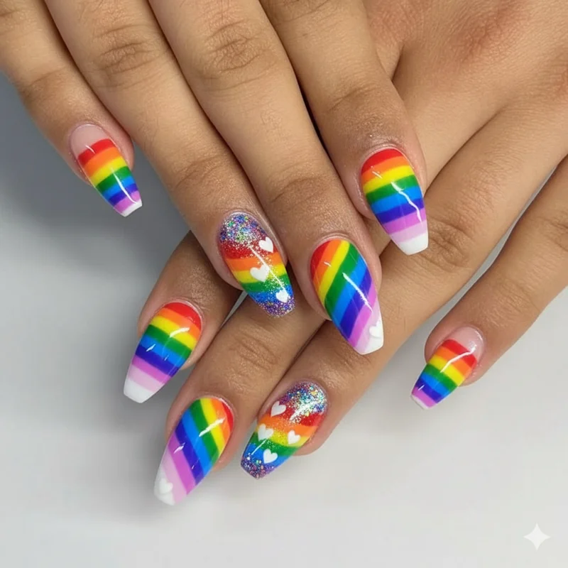 Medium vs extra long coffin pride nails length comparison showing both sizes with pride colour designs for parade wearability assessment