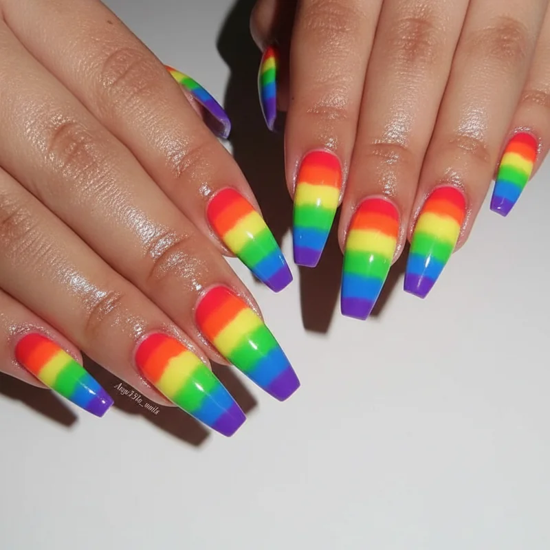 Rainbow ombre coffin pride nails showing neon gradient from red to violet in high gloss finish across long coffin tips for parade season