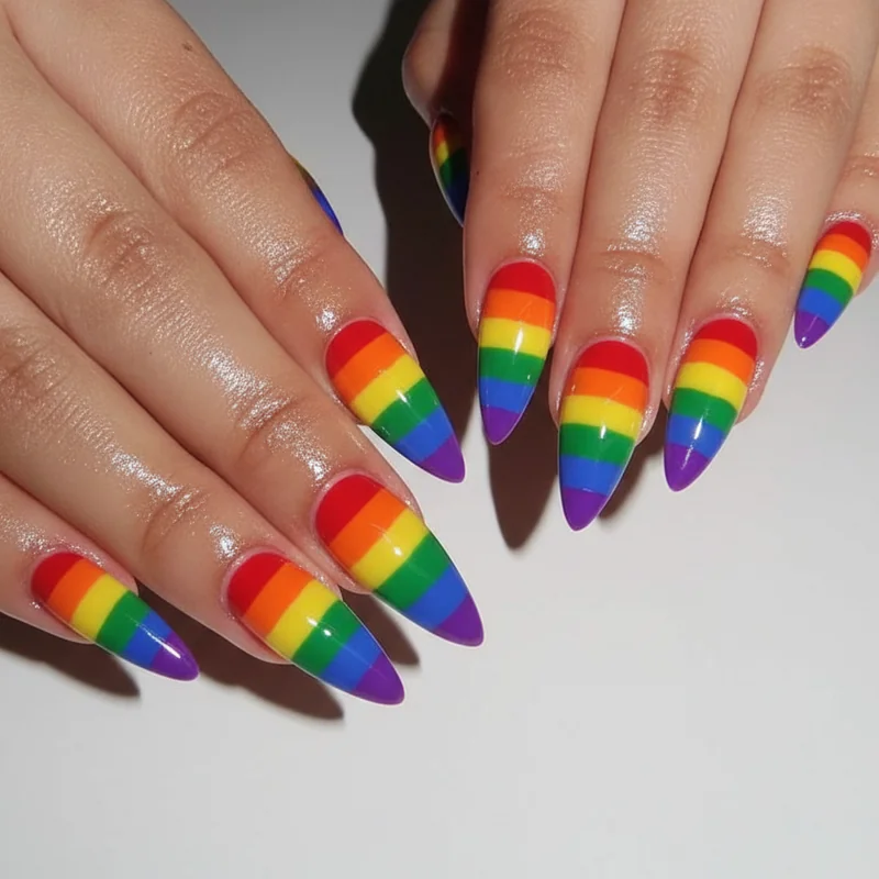 Salon coffin pride nails showing acrylic extension process nail tech applying chrome powder on long coffin shaped nails for pride appointment