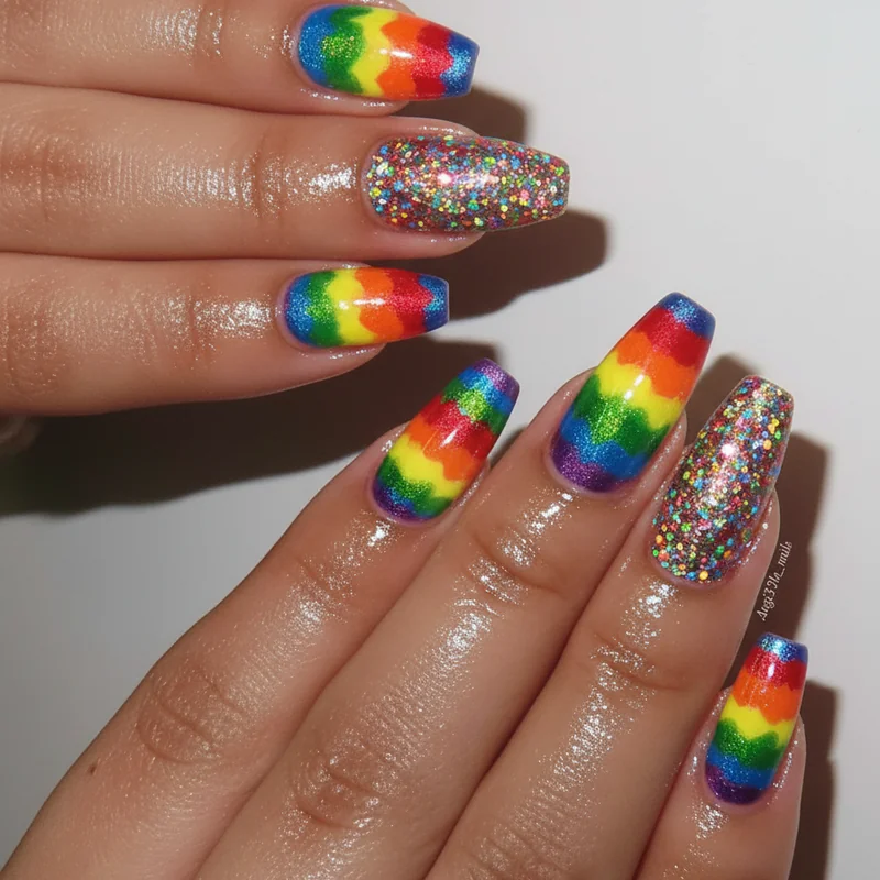 Bold parade pride nails on short nails showing chrome holographic finish and glitter flood rainbow and lesbian flag colours June events