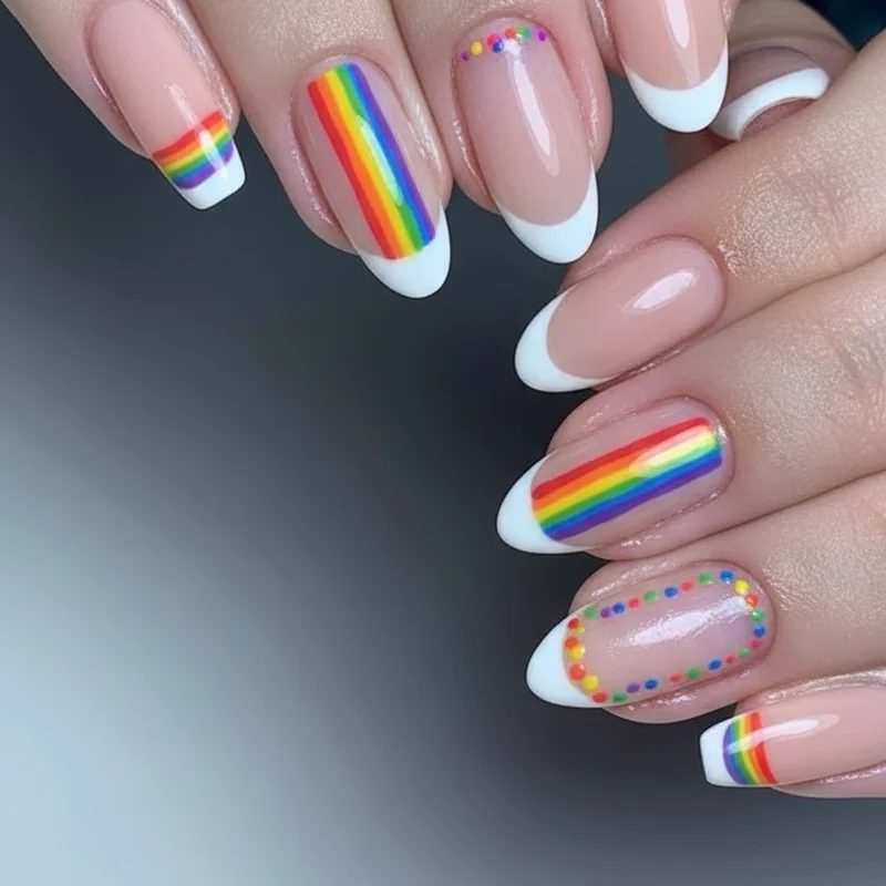 DIY pride nails on short nails at home showing dot art technique negative space design and micro French tip in rainbow pride colours