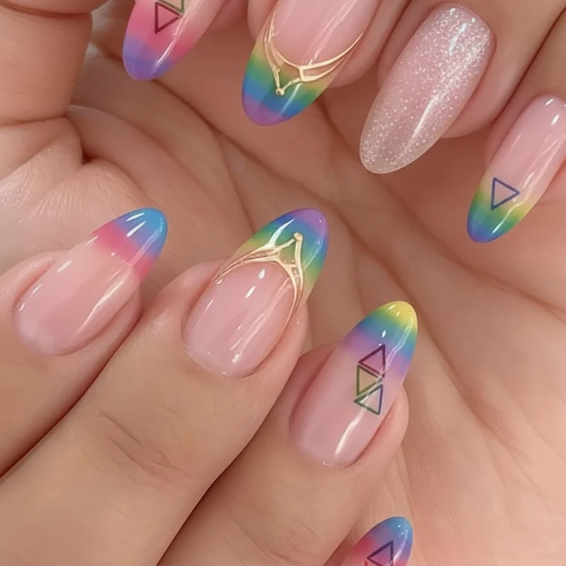 Minimalist micro pride nails on short nails showing tonal lesbian flag wash single accent nail and thin stripe detail designs 2026