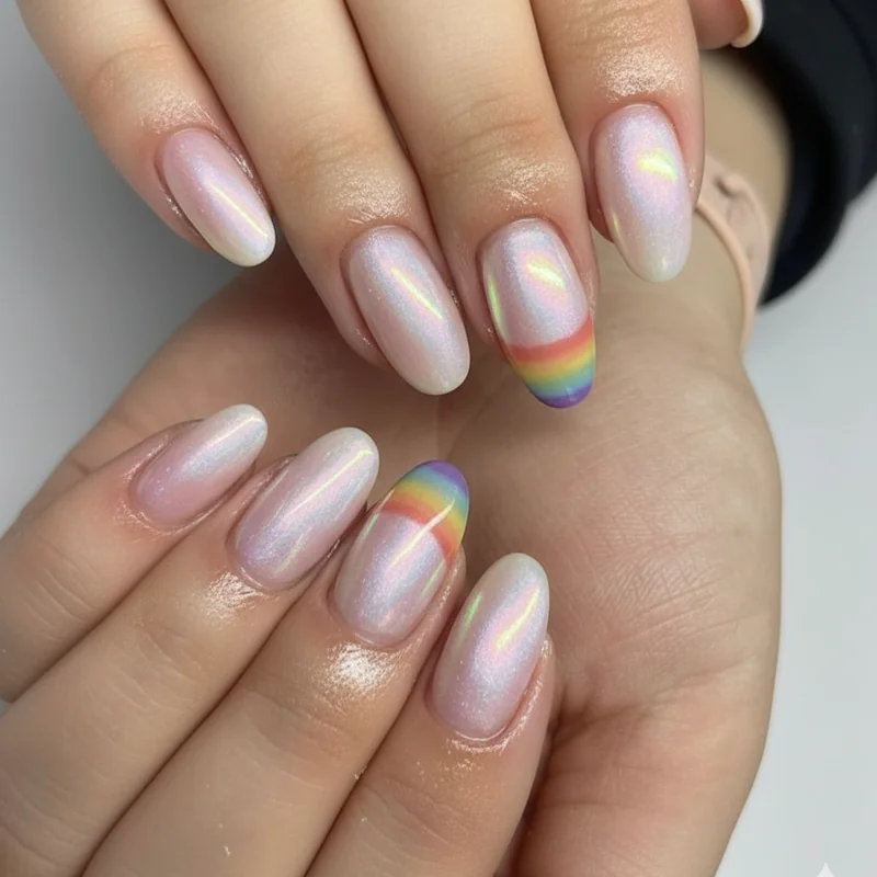 Quiet pride nails on short nails showing pearlescent tonal lavender single accent ring finger and subtle rainbow French tip designs