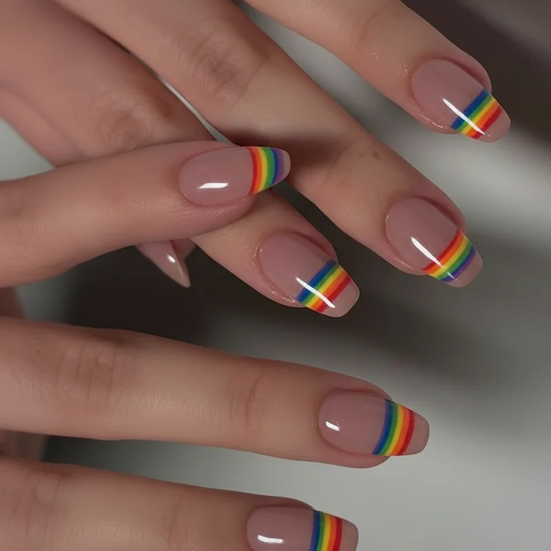 Rainbow French tips on short nails micro one to two millimeter tip zone each finger a different pride colour on nude base coat 2026