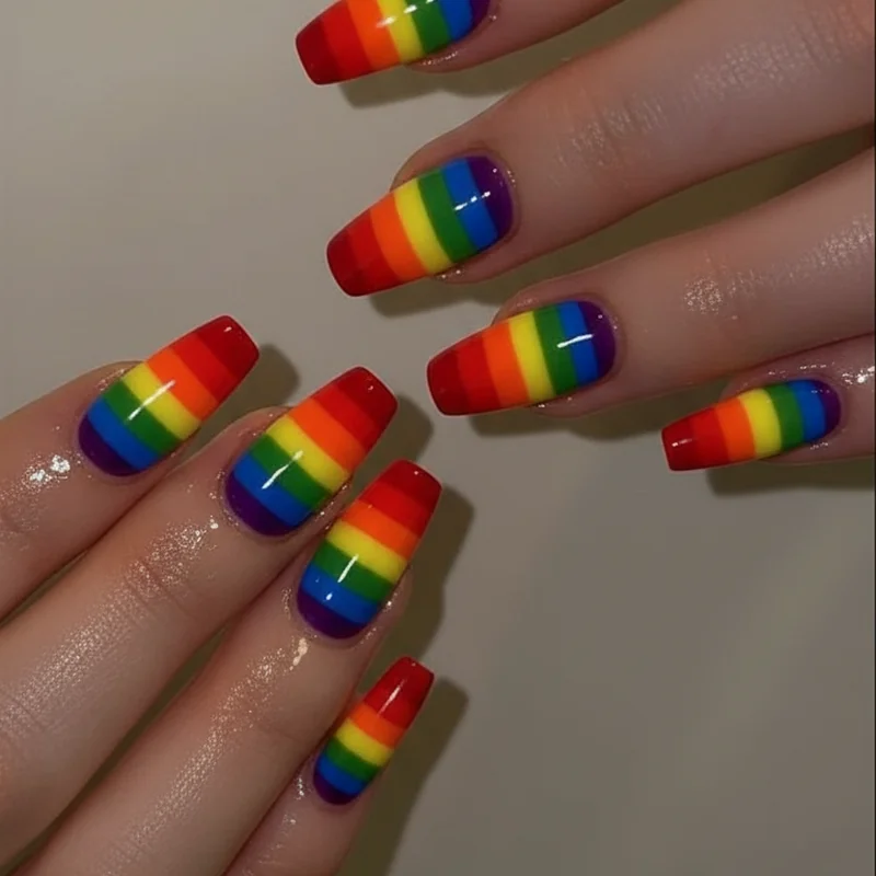Rainbow stripe nail art on short nails showing three-band chunky proportion guide with clean taped edges on natural nail canvas