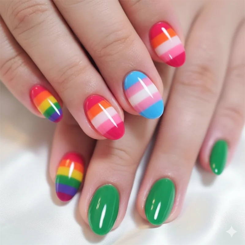 Skittle pride nails on short natural nails showing rainbow flag lesbian flag and trans flag colour variations across five fingers