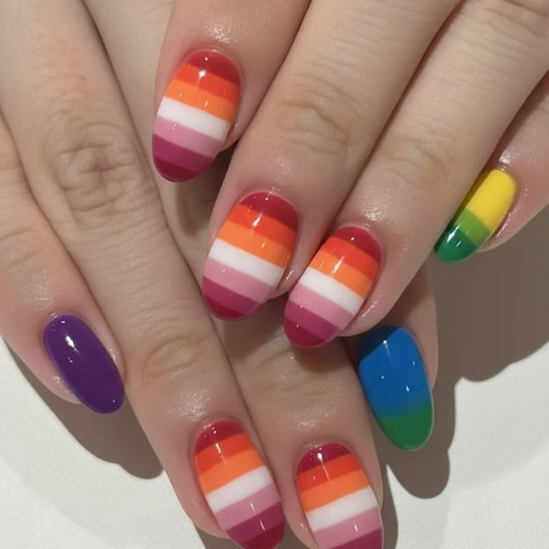 WLW queer identity pride nails on short lengths two-finger lesbian flag colouring orange rose pink against natural short nail canvas