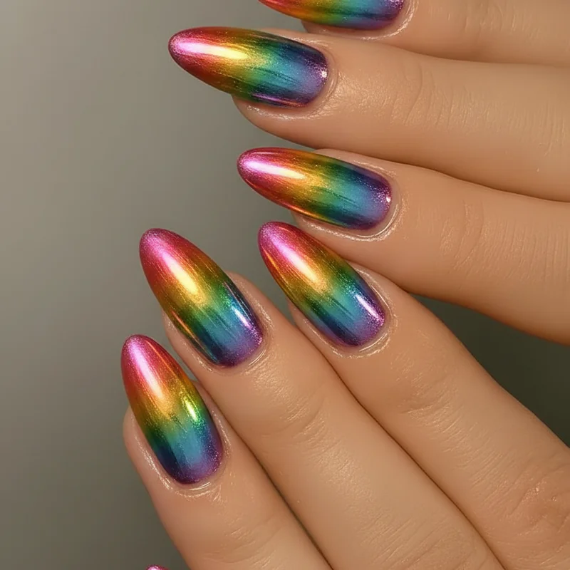 Chrome rainbow ombre nails with iridescent reflective finish over gradient showing 2026 trend upgrade for pride manicure