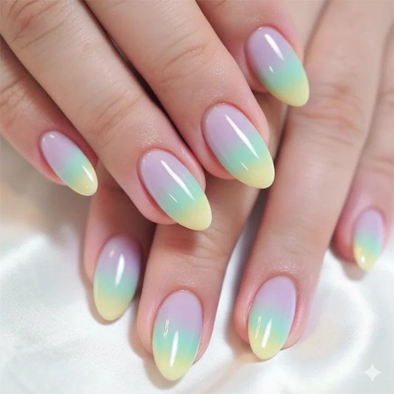 Pastel rainbow ombre nails in lavender mint and lemon yellow soft gradient blend on short almond shaped nails for pride 2026