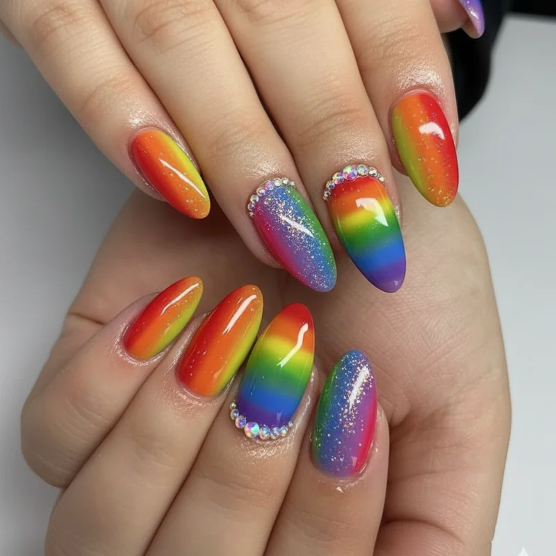 Rainbow ombre nails with holographic glitter and crystal gems cuticle detail elevating pride gradient manicure finish 2026