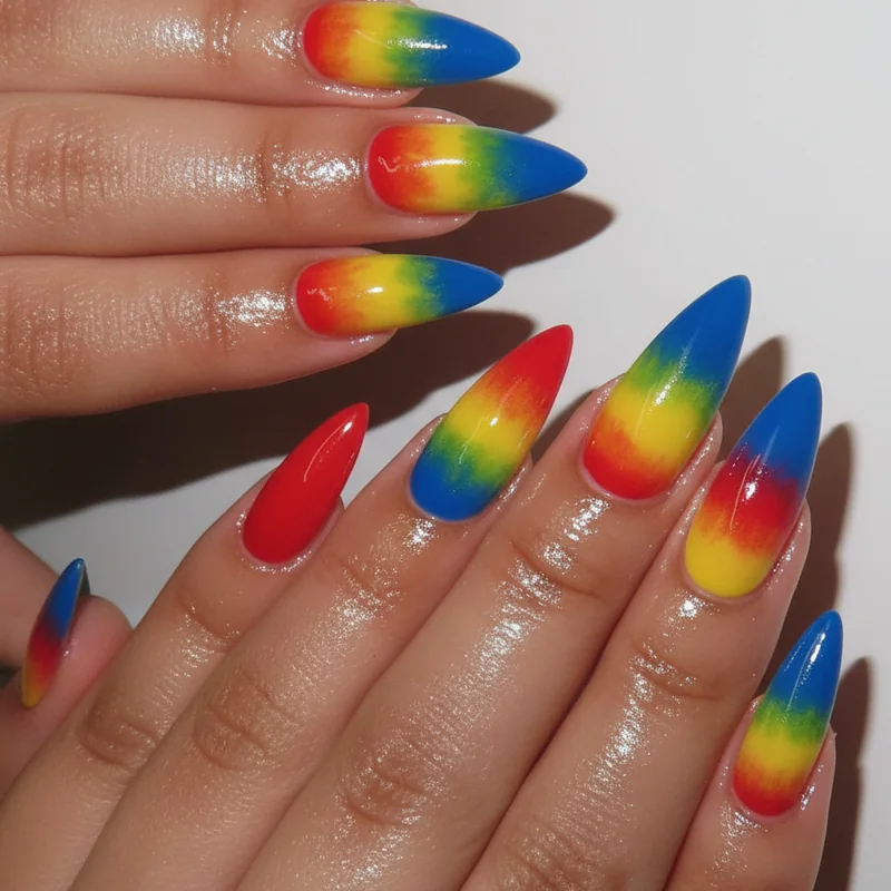 Rainbow ombre nails sponge technique DIY at home showing three colour blend method for pride gradient manicure tutorial 2026