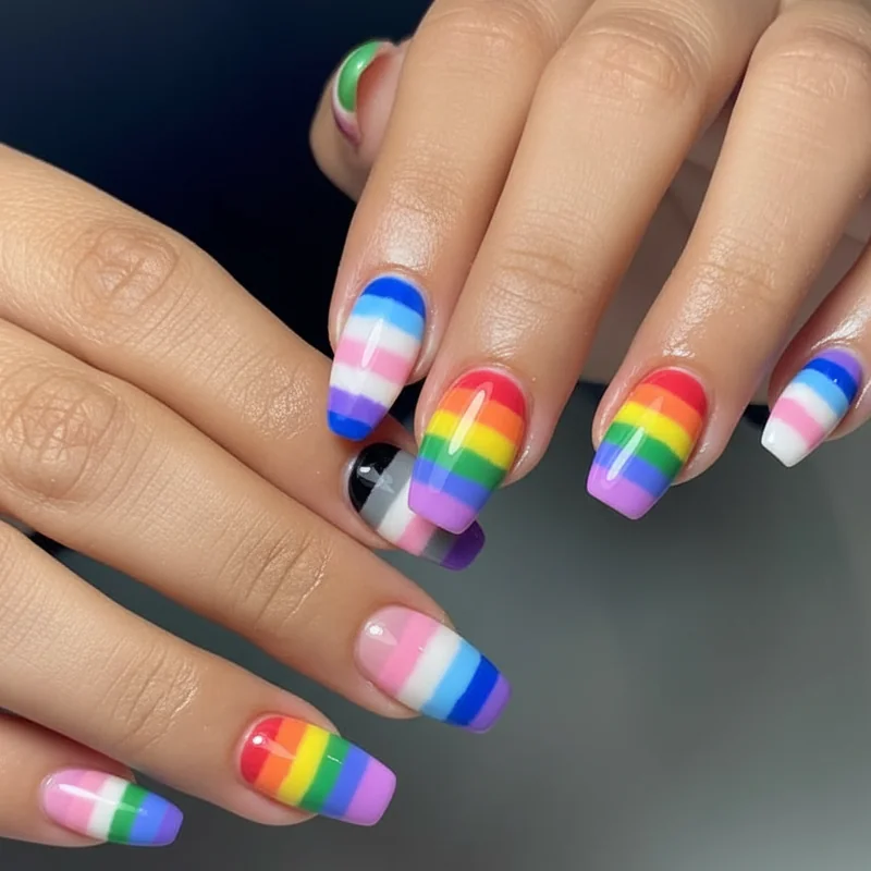 Rainbow ombre short nails showing three colour gradient on square and oval shapes as skittle set across full hand pride 2026