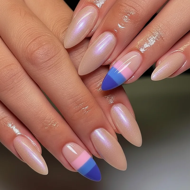Bi accent nail design showing single finger pink purple and blue colour block on neutral base for quiet bisexual pride statement