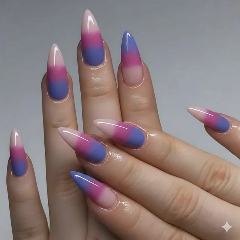 Bi flag colour palette showing pink purple and blue nail polish shades in soft tonal versions for subtle bisexual manicure options