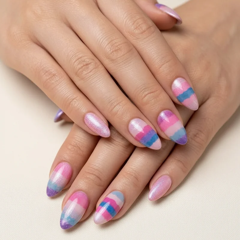Bisexual nails subtlety spectrum showing range from fully deniable tonal manicure to clearly community-coded bi flag nail designs