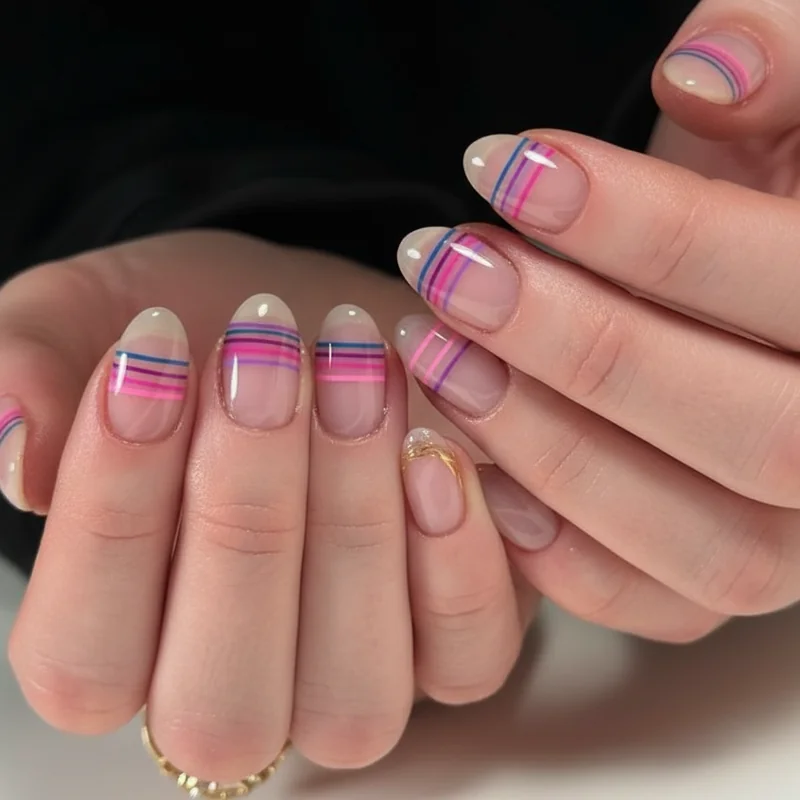Minimalist line art negative space bi pride nails showing thin pink purple and blue horizontal lines on bare nail for subtle design