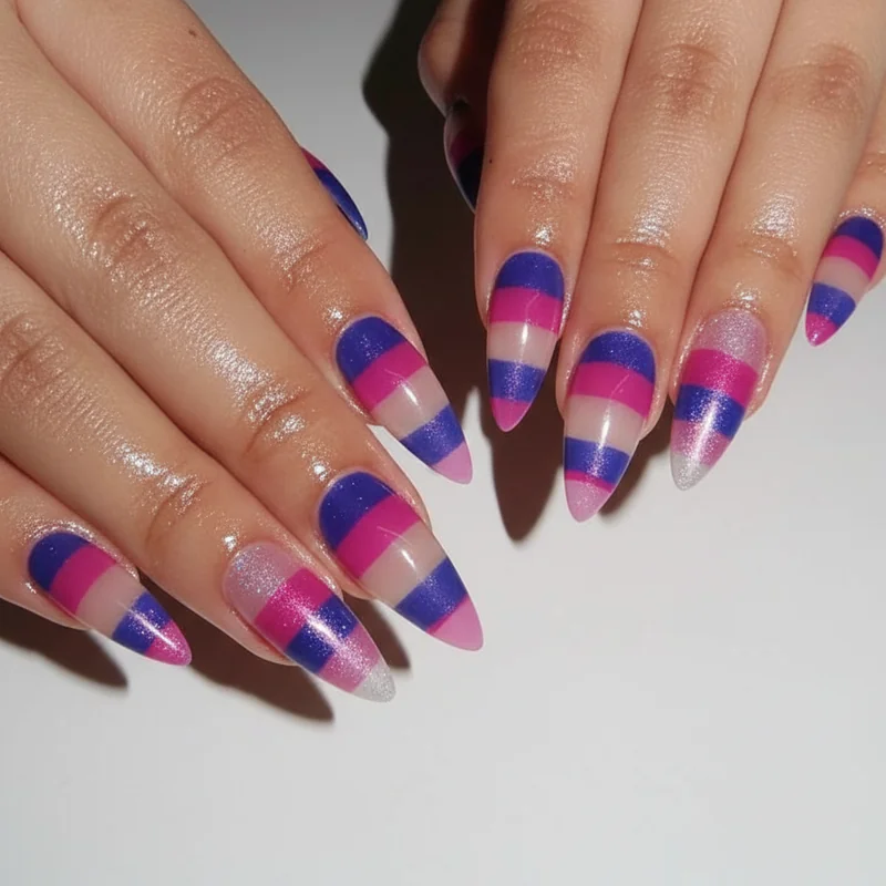 Nail finish comparison showing matte sheer and shimmer effects on pink purple and blue bi colours for subtle bisexual nail design