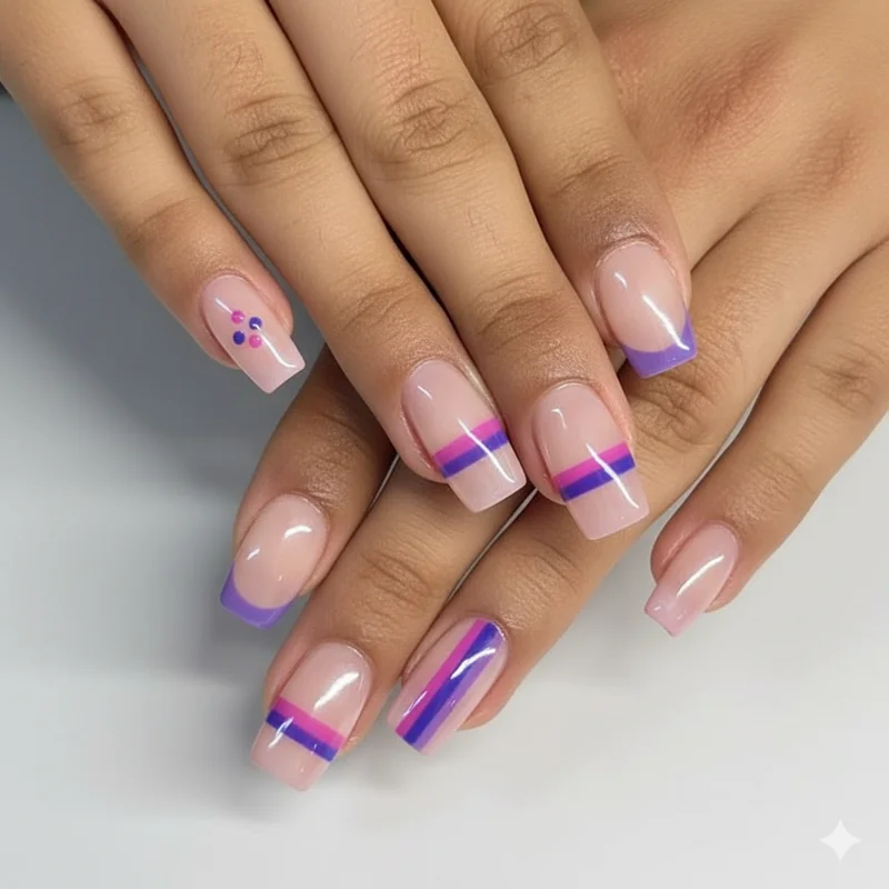 Subtle bisexual nails on short nails showing pink purple and blue minimalist accent design that works on shorter nail length