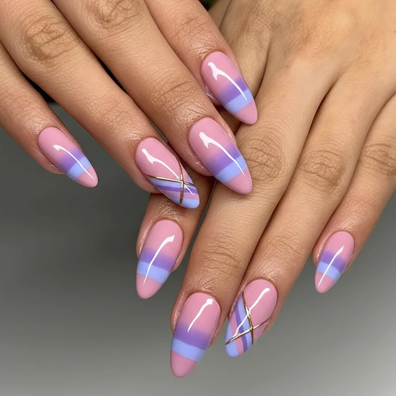 Work safe discreet bi nail designs showing professional pink lavender and periwinkle manicure ideas for bisexual everyday office wear