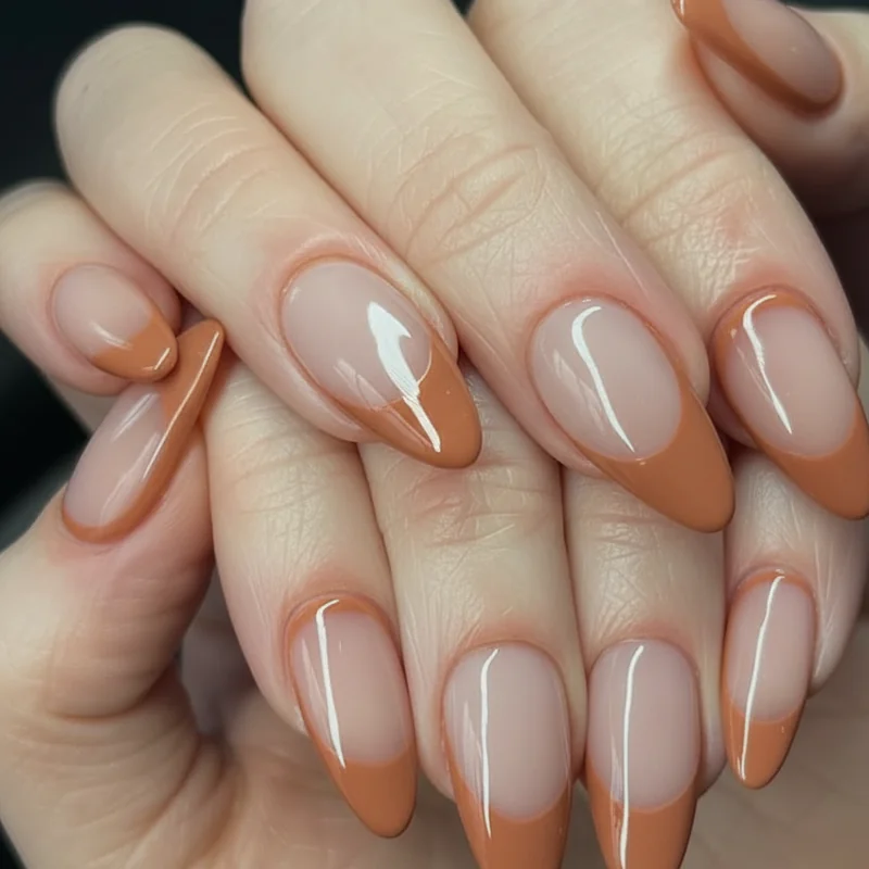 DIY subtle lesbian nails at home showing cuticle arc detail brush technique on sheer base with flag shade orange for minimalist WLW design