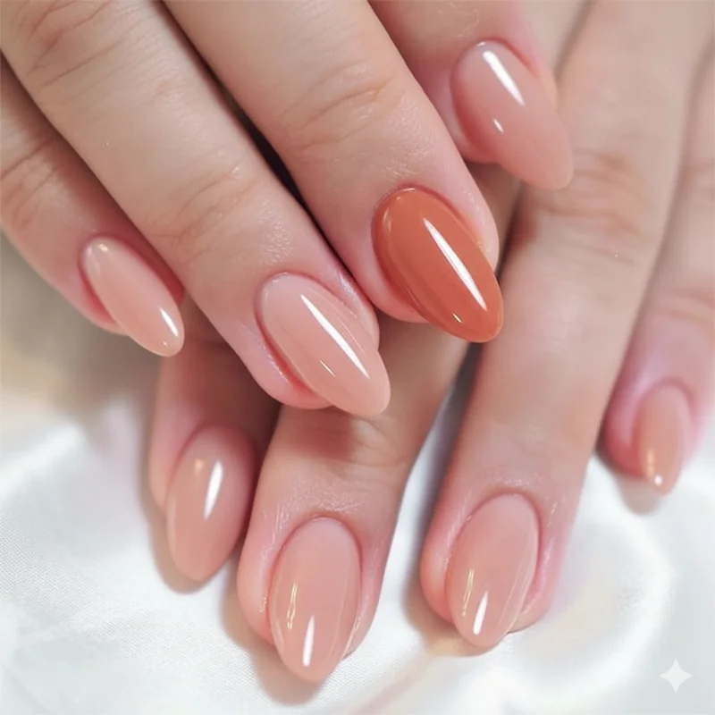Single accent nail showing orange on nude base close-up for WLW community coded subtle identity signal in everyday minimalist manicure