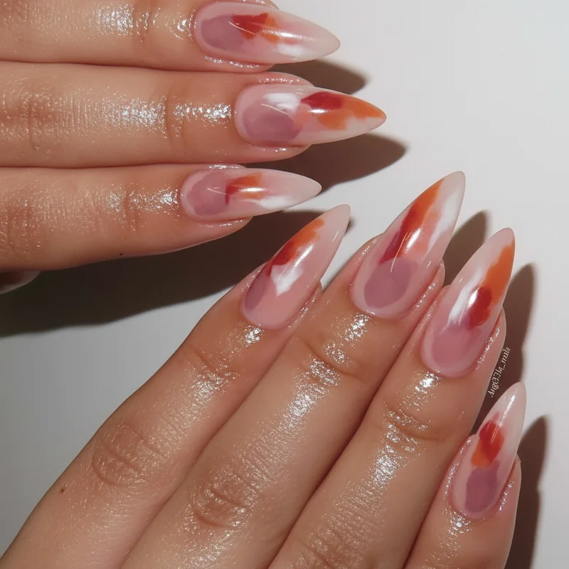 Year round subtle lesbian nail designs showing dusty rose burnt orange and sheer white seasonal WLW manicure options for everyday wear
