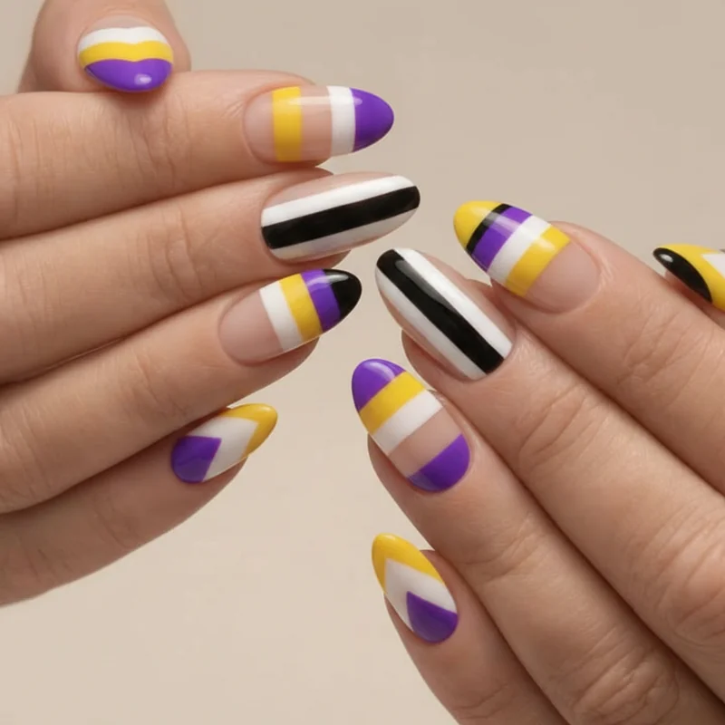 DIY enby nail art for beginners showing accent nail geometric stripe and negative space crescent techniques in nonbinary flag colours step by step