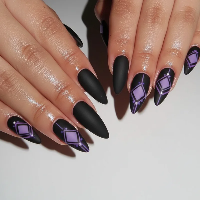 Masc nonbinary nails on short squoval shaped nails showing matte black purple accent and geometric designs for androgynous enby pride expression