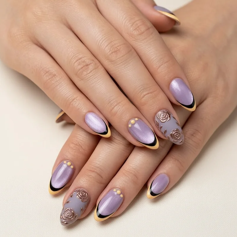 Matte finish and negative space enby nail designs showing androgynous flag colour crescent and frame styles in yellow purple black for nonbinary pride