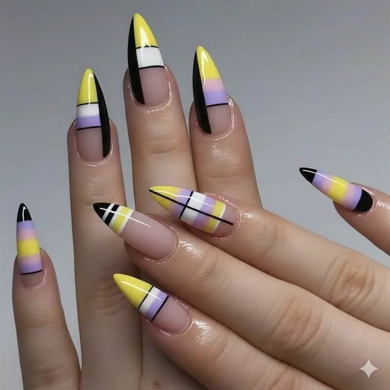 Minimalist multi colour enby nail designs showing colour blocked French tips geometric stripe details and tonal pairs in nonbinary flag colours