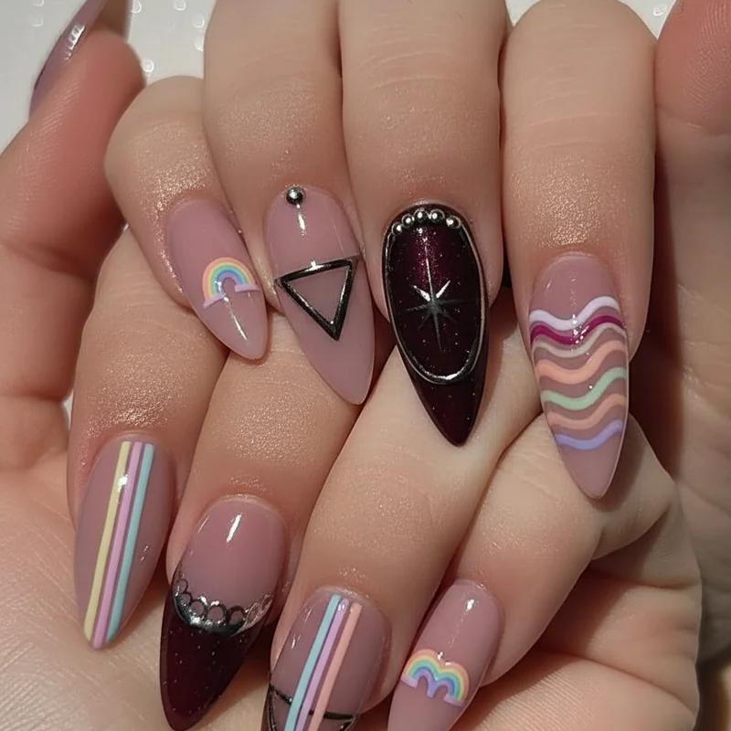 Five subtle pride nail techniques showing micro rainbow arc, single accent ombre, negative space stripe, iridescent finish and micro French tip