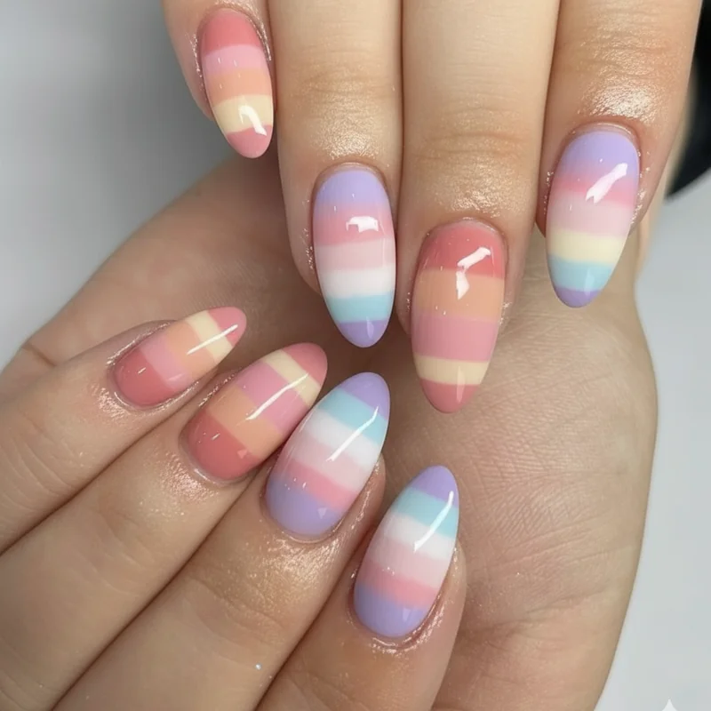 Identity-specific subtle pride nail translations showing muted bisexual lesbian trans and nonbinary flag colour palettes on minimalist manicures