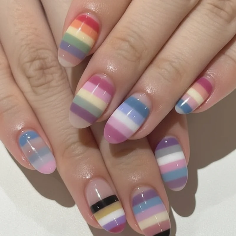 Subtle pride nail colour palette comparison showing muted desaturated pastel and iridescent flag tone swatches for everyday minimalist designs
