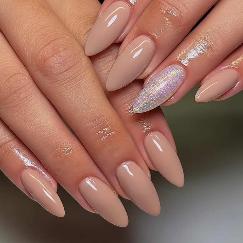 Work-appropriate subtle pride nails showing muted single accent nail and iridescent finish suitable for conservative office dress codes